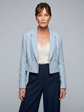 Maeve Cropped Pale Blue Tweed Double-Breasted Blazer